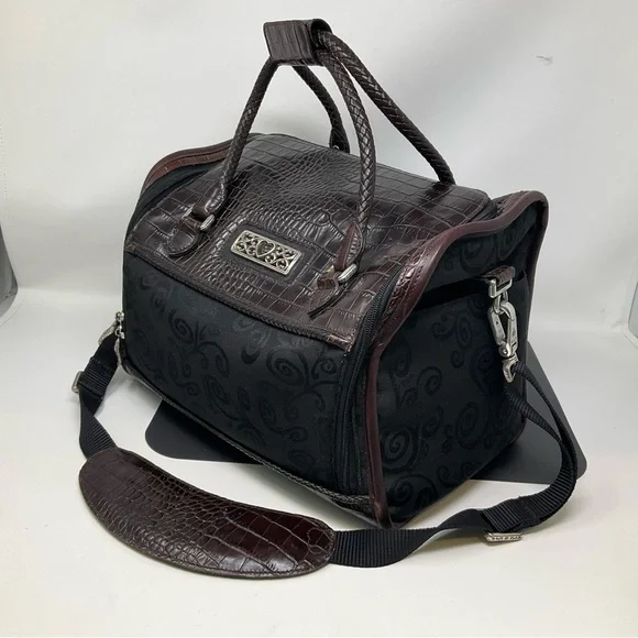 Brighton Lansky Black & Brown Croc Embossed Leather Weekender Travel Duffle Bag